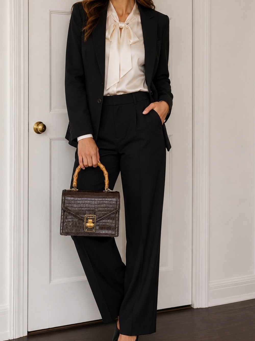 Aldo Brown Croc-Embossed Satchel with Bamboo Handle